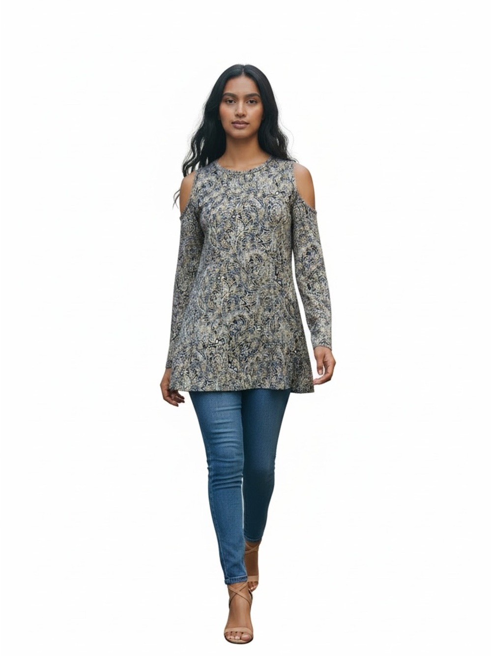 Michael Kors Blue, Gold and White Paisley Cold-Shoulder Tunic
